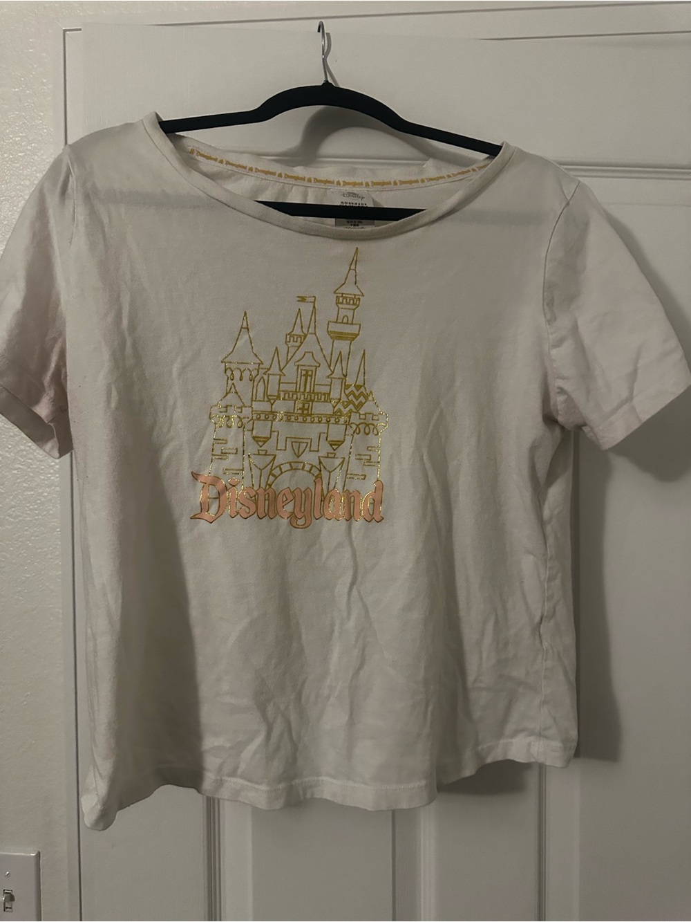 Disney White Short-Sleeve Tee with Gold Castle and Pink Disneyland Script